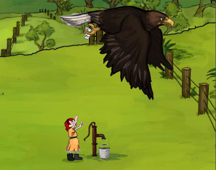 Anika's stuffed rabbit is stolen by a huge eagle early in the game.